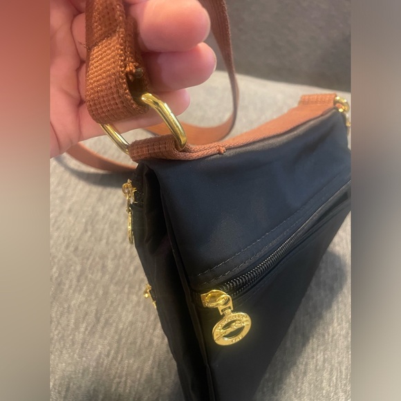 RARE Longchamp Le Pliage Nylon Black & Brown Folding Shoulder Bag FREE SHIPPING - Picture 13 of 14